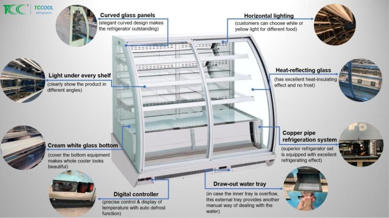 Bakery Showcase with Heated Curve Sliding Glass Door Front Open Heavy Duty High Ambient Cake Cooler