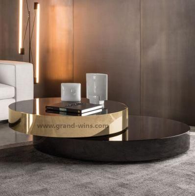 Luxury Living Room Furniture Italian Double Round Brass and Glass Coffee Tables Smart Rotating Coffee Table
