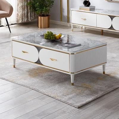 Quanu 670152 Modern Glass Coffee Table Set Luxury Coffee Table Living Room Furniture Golded and White Luxury Marble Coffee Table