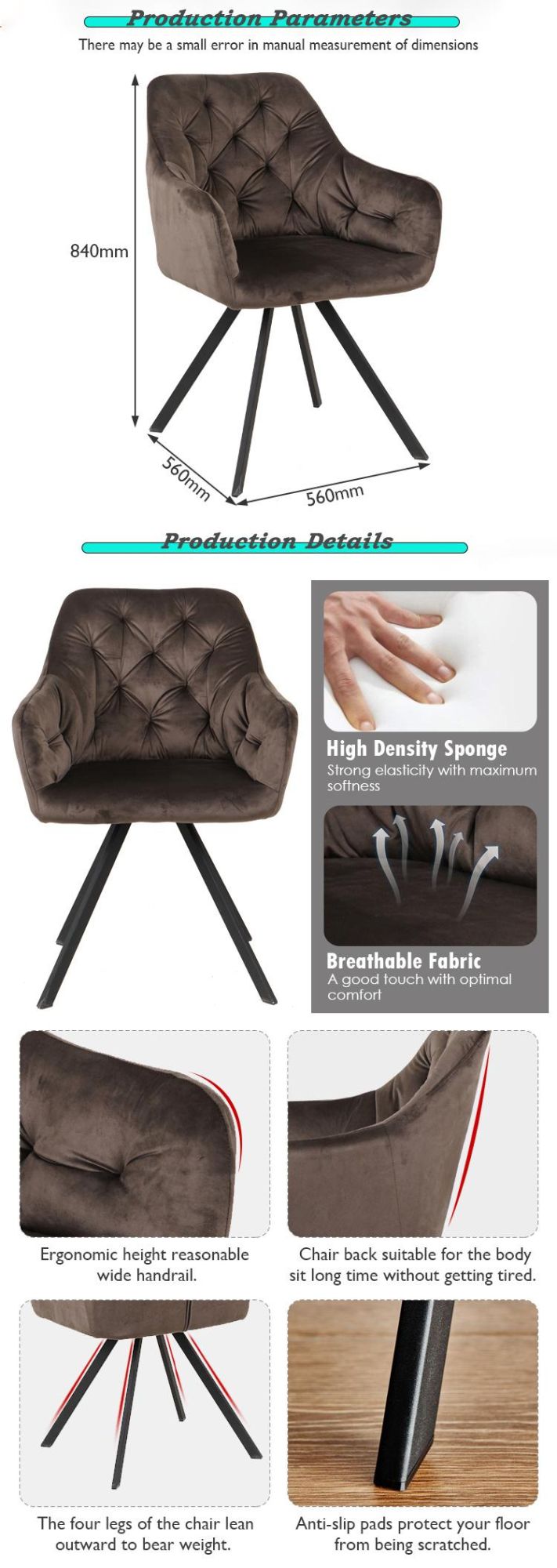 Modern Luxury Home Furniture Nordic Velvet Dining Room Chair with Metal Legs for Restaurant Chair