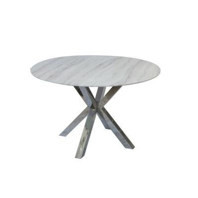 Home Living Room Kitchen Furniture Round Table Sets Tempered Glass Marble Effect Dining Table with Stainless Steel Tube Leg