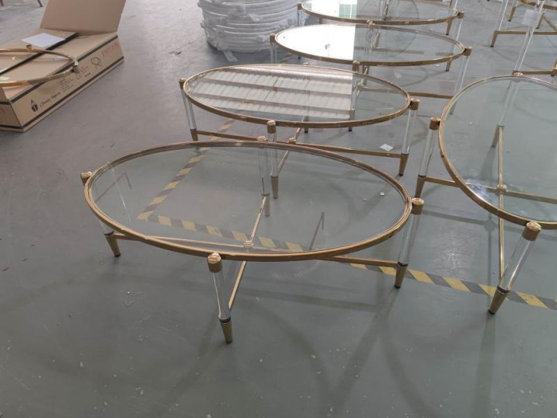 Modern Luxury Home Furniture Glass Top with Acrylic Leg Metal Oval Coffee Table