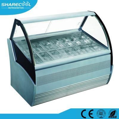 Tempered Curved Glass Ice Cream Refrigerator Counter/Gelato Freezer Showcase