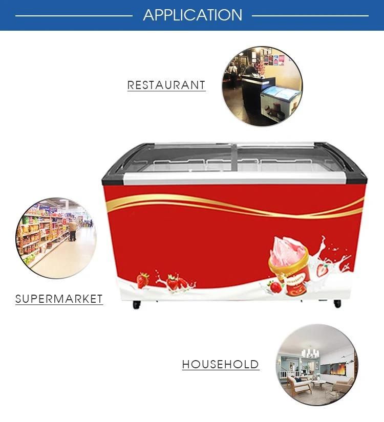 China Supplier Commercial Curved Glass Sliding Double Door Ice Cream Showcase Display Refrigerator Freezer Chest Freezer
