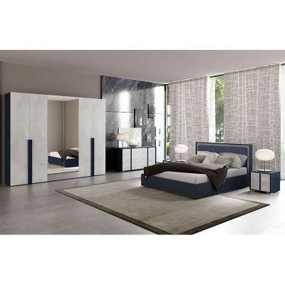 Nova Blue Bedroom Furniture Sets Six-Door Wardrobe with Glass Mirror King Bed