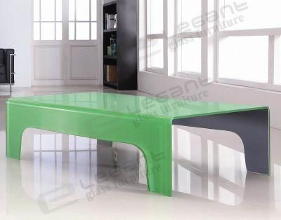 Double Green Painting Curved Glass Coffee Table