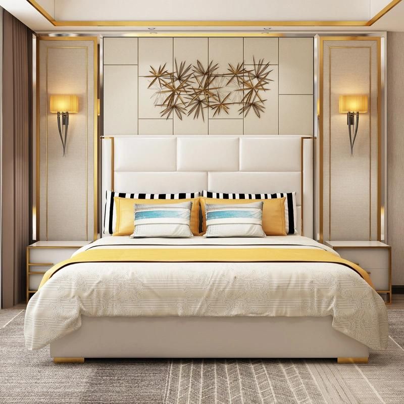 European Modern Light Luxury Home Bedroom Set Stainless Steel Double Adult Beds Italian Queen Size Bed Luxury King Size Leather Bed