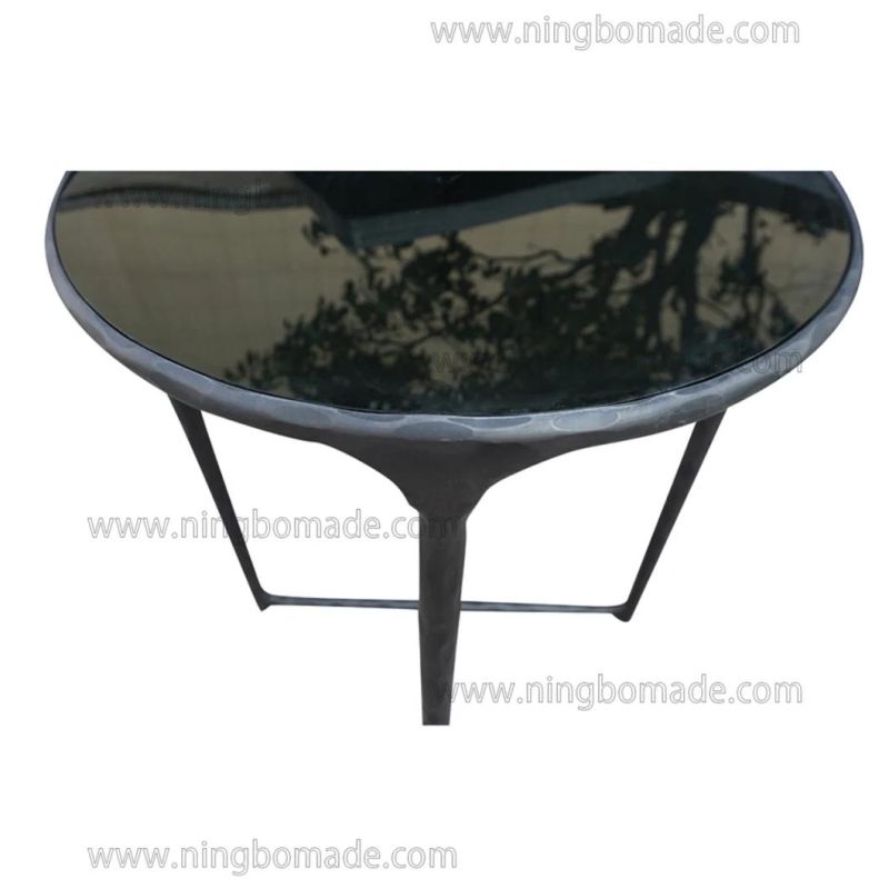 Thaddeus Sculptural Forged Collection Black Tempered Glass Top Antique Solid Forged Metal Base Corner Table