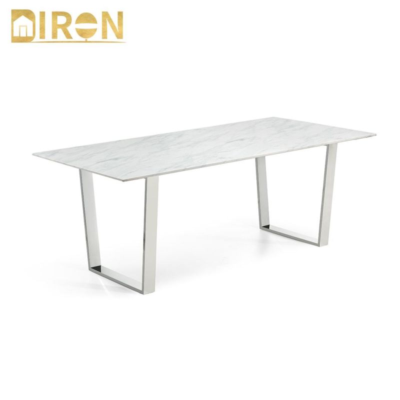 China Factory Modern Simple Design Stainless Steel Frame Marble Large Dining Table