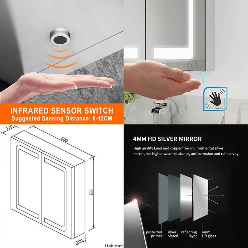 Mirror Double Door Square Vanity Bathroom Cabinet with LED Light