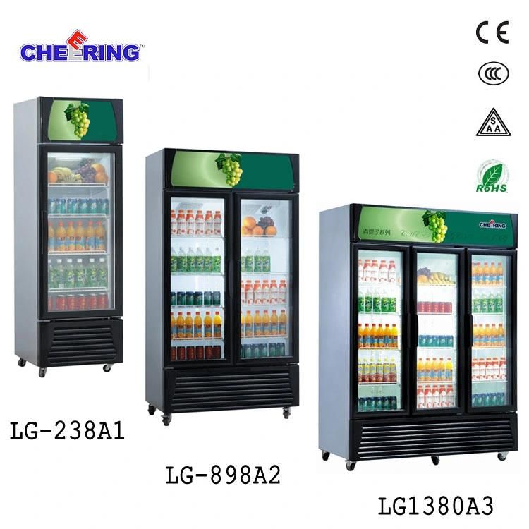 Cheering Upright Commercial Food Drinks Display Showcase Glass Door Refrigerator