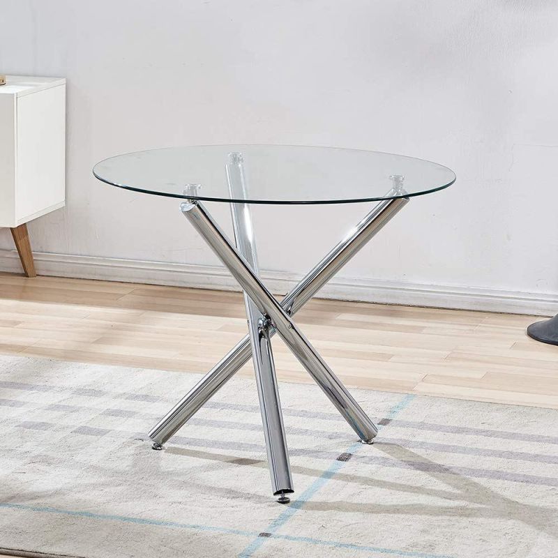 Hot Sale Tempered Glass Top Stainless Steel Chromed Iron Leg Customized Table Size Modern Style Dinner Restaurant Furniture Dining Table