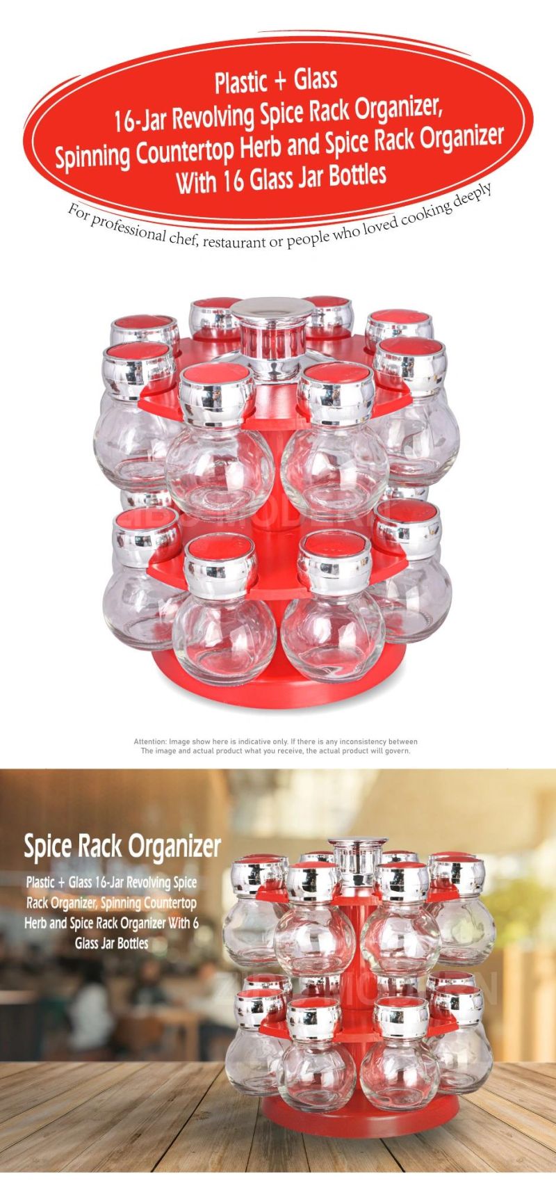 Plastic + Glass 16-Jar Revolving Spice Rack Organizer, Spinning Countertop Herb and Spice Rack Organizer