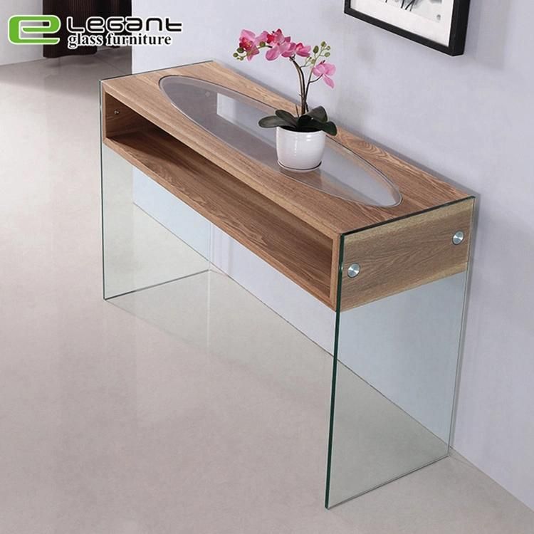 Bent Glass Console Table with Glass Shelf and High Gloss White Painting MDF Drawers