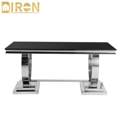 Chinese Wholesale Stainless Steel Frame Dining Table with Marble Glass Top