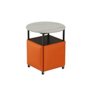 Modern Simple Marble Pattern Wooden Tabletop Multi-Functional Magic Cube Tea Coffee Table with Four Stools and Wheels