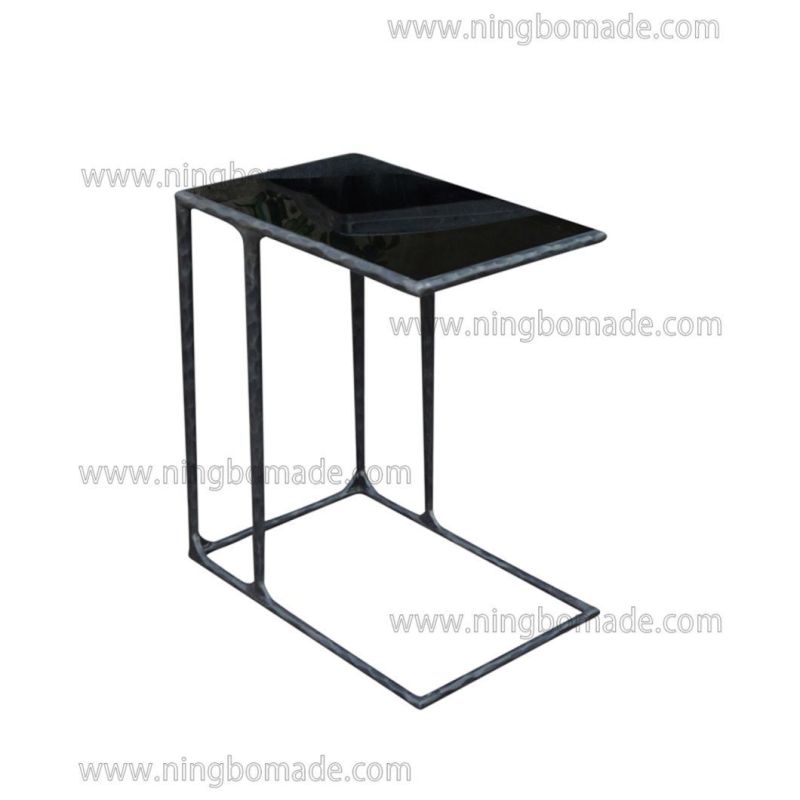 Thaddeus Sculptural Forged Collection Black Tempered Glass Top Antique Black Solid Metal Base Sofa Table