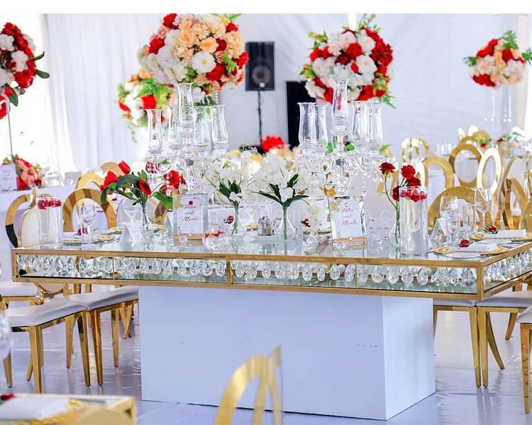 Modern Commercial Gold Metal Frame Banquet Dining Table Hanging Crystal