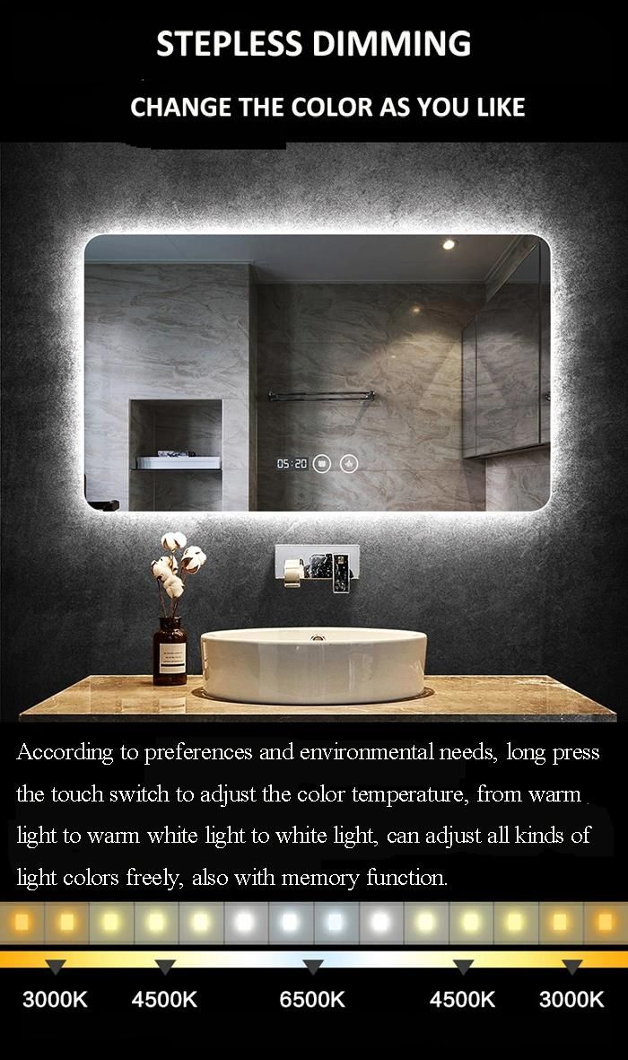 5mm Wall Mounted Clear Mirror Bathroom Hotel Sensor Switch Anti-Fog Smart LED Lighted Mirror