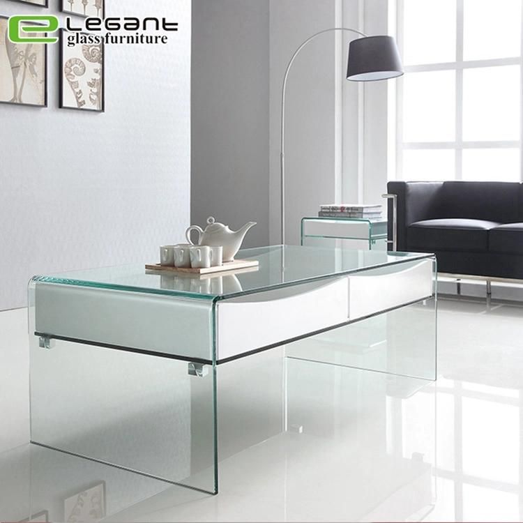 Curved Glass Coffee Table with White High Gloss Painting Drawers