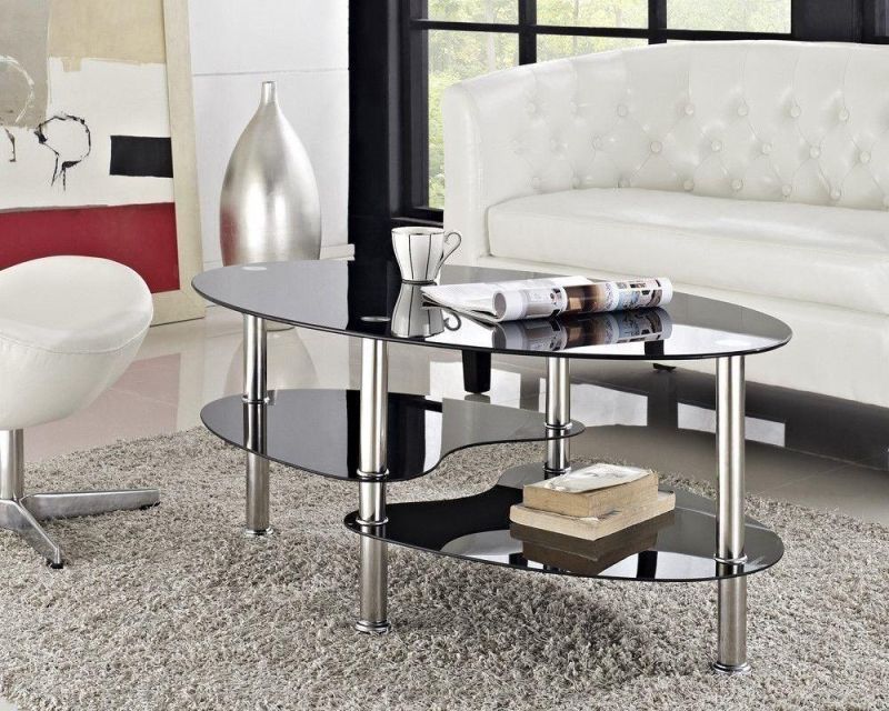 Home Living Room Hotel Restaurant Cheap Modern Oval Stainless Steel 3-Tier Modern Simple Round Square Black Clear Chromed Tempered Glass Center Coffee Table