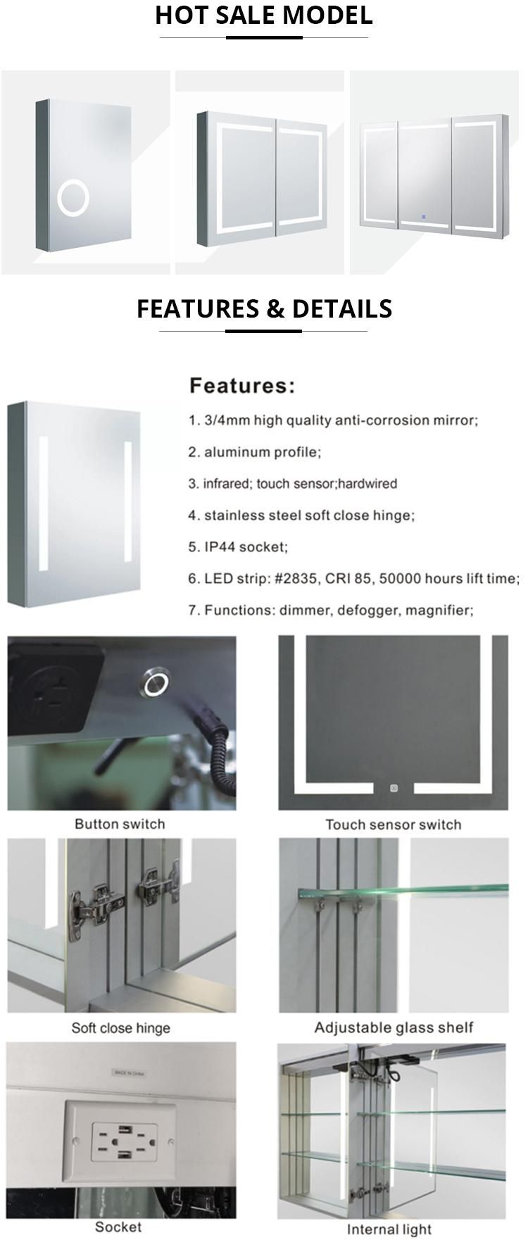 China Factory Modern Style Bathroom LED Mirror Aluminum Storage Cabinet Medicine Cabinet MDF Bathroom LED Cabinet