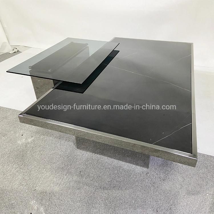 Living Room Modern Square Marble Top Mirrored Glass Center Coffee Table Set Furniture
