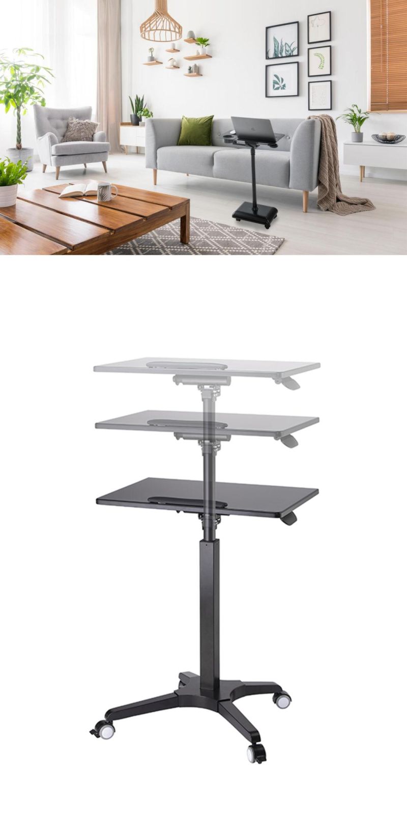 Glass Rolling Tilting Mobile Standing Desk with Side Table