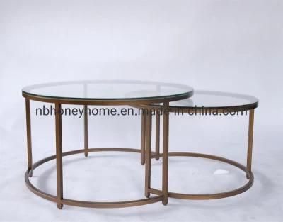 Hand Brushed 2 Set Metal Frame Glass Top Round Coffee Table