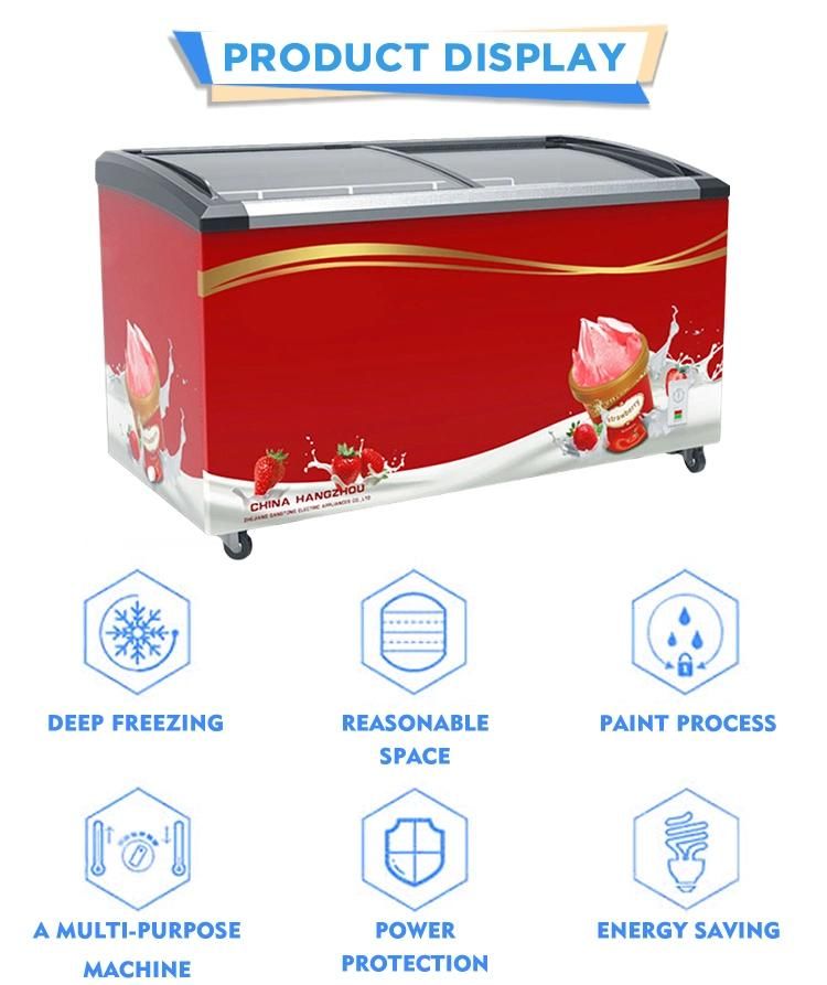 China Factory 458L Big Capacity Glass Sliding Door Ice Cream Showcase Curved Meat Deep Chest Freezer