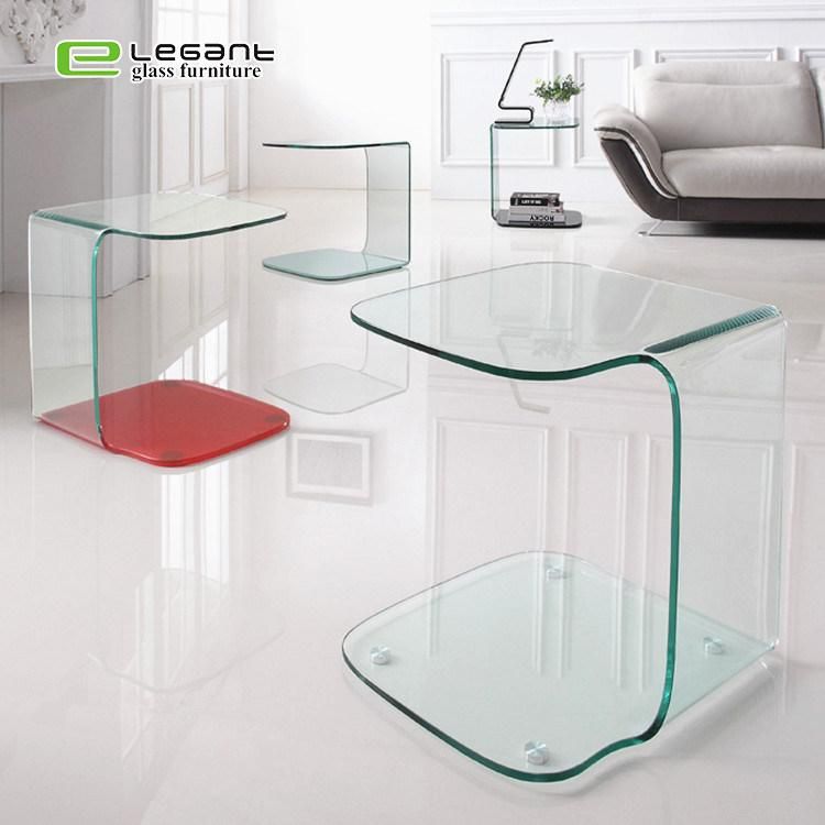 Office C Shape Round Wheels Bent Glass Side Table