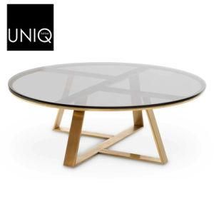 100cm Round Grey Glass Coffee Table - Gold Base