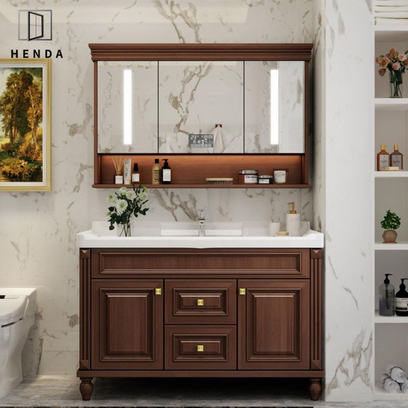 Classic Style America Solid Wood Material Waterproof LED Mirror Bathroom Basin Cabinet