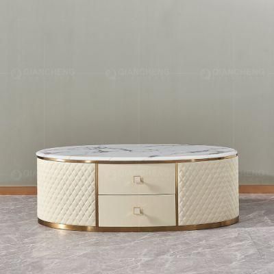 Luxury Italy Fashion Marble Coffee Table Post-Modern Design Leather Table Marble Top with Gold Metal Luxury Coffee Table