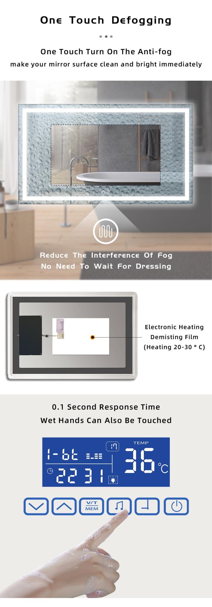 New fashion Design Frameless Home Decorative Smart LED Bathroom Backlit Light Wall Glass Vanity Toilet Makeup Wall Decor Adjustable Light Temperature Mirror