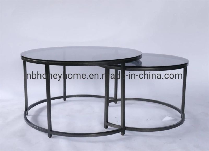 Hand Brushed 2 Set Black Metal Grey Glass Coffee Table