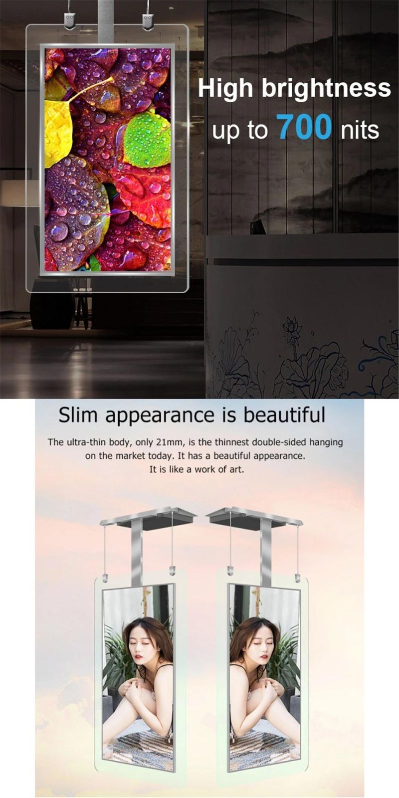 43 Inch 55 Inch Double-Sided Screen Hanging LCD Display for Shop Window, Glass Wall, Showcase