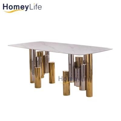 Light Luxury Modern Furniture Gold Chrome Legs Marble Dining Table