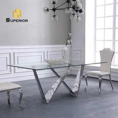 Stylish Silver Stainless Steel Base Dining Room Table for Living