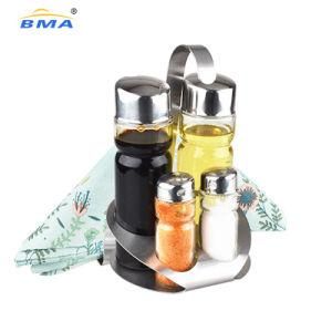 Custom Kitchen Glass Oil Vinegar Cruet Set Glass Mini Spice Shaker Dispenser Salt and Pepper Shakers with Stainless Steel Rack