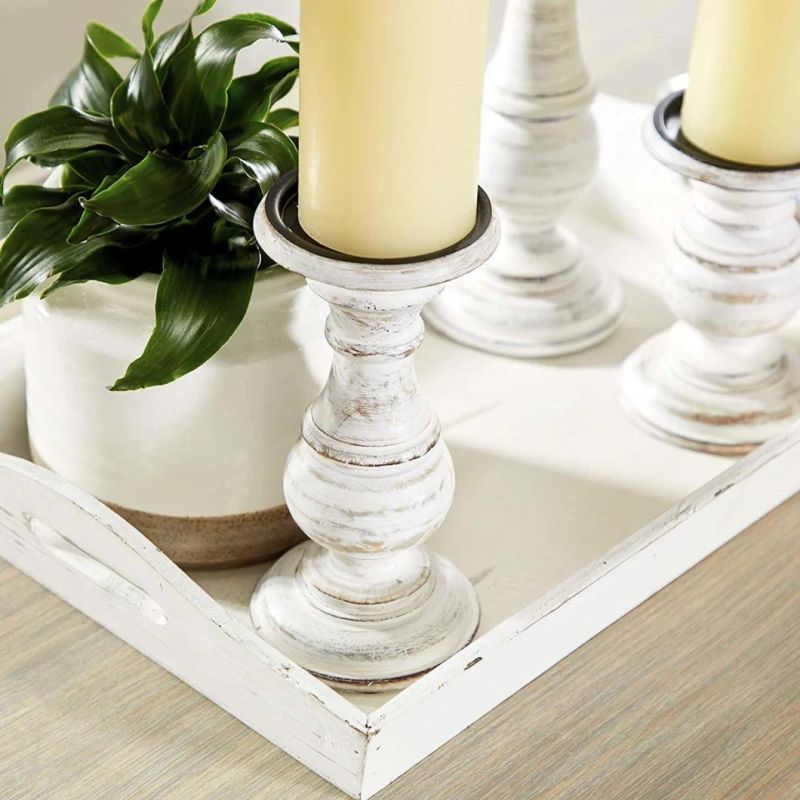 Traditional Mango Wood Candle Holder Pillar Candle Holders Decorative Candlestick Holder for Home Decor Wedding Dining White/Rose Blush