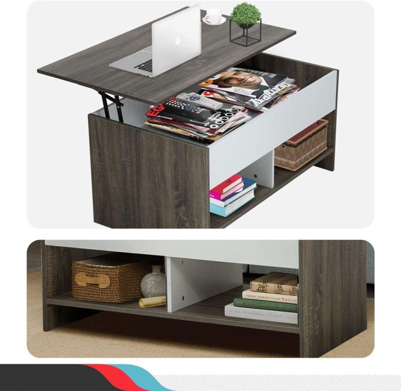 Modern White Wood Lift Top Hidden Compartment and Storage Shelf Coffee Table for Living Room