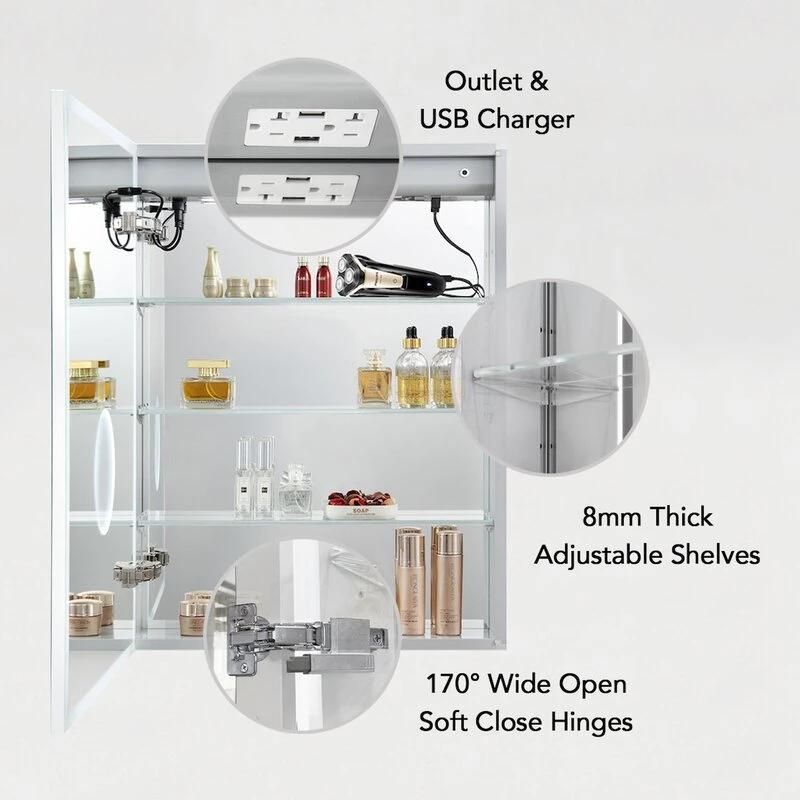 Bathroom Recessed or Surface Mounting Aluminum Mirror Medicine Cabinet with Adjustable Glass Shelves
