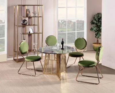 Home House Metal Furniture Dining Table with Gold Frame and Marble Green Chairs