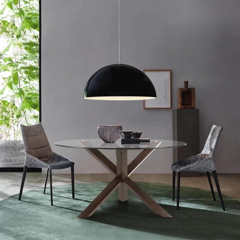 Wholesale Dining Room Furniture Table and Chairs Tempered Glass Top Round Shape Cheap Design Modern Round Glass Top Dining Table with Square Wooded Leg