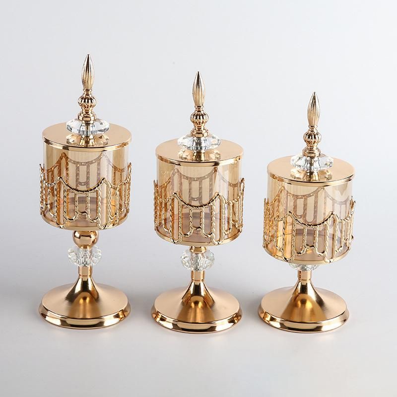 Scandinavian Style Wedding Dinner Golden Round Bottom Covered Spire Glass Metal Candle Holder