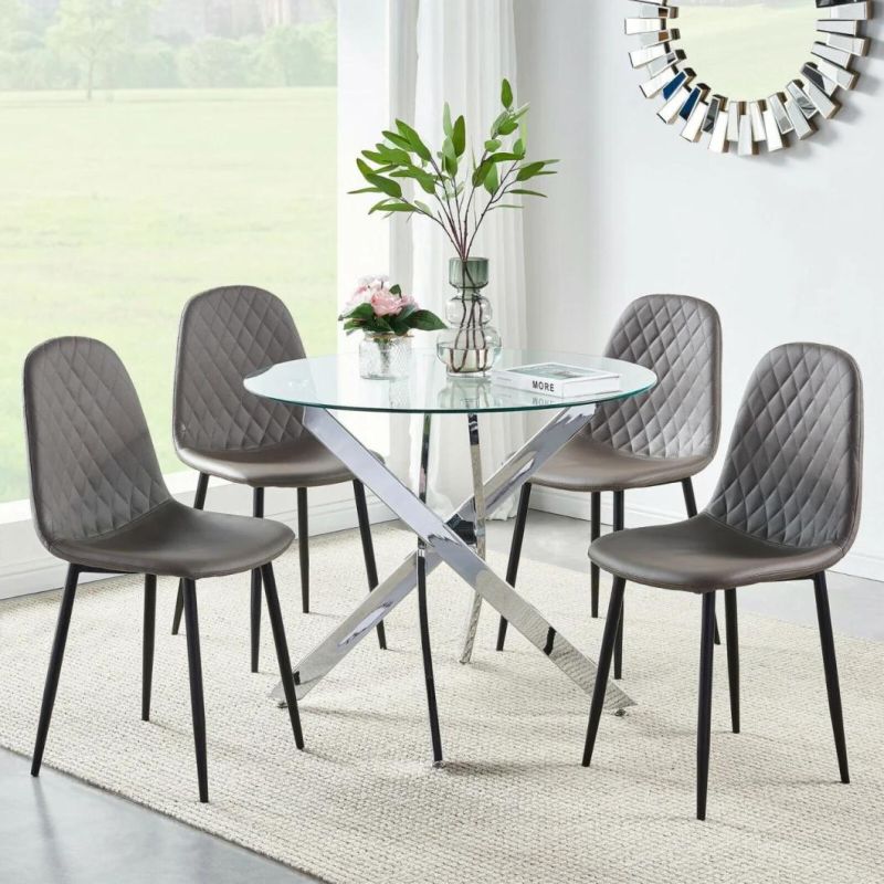 Modern Transparent Tempered Glass Stainless Steel Chromed Metal Leg Stylish Designed Round Luxury Faux Marble Large Mirrored Oval Restaurant Hotel Dining Table