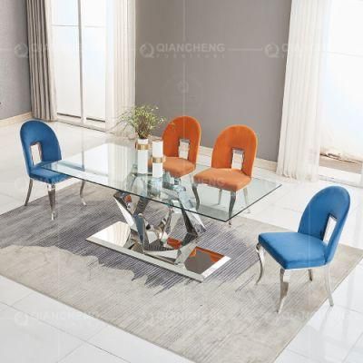 Ss Home Furniture Silver Stainless Base Clear Glass Dining Table Set