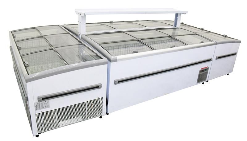 Supermarket Showcase Refrigerator Curved Sliding Glass Island Freezer Display