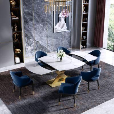 Home Restaurant Furniture Kitchen Dining Room Set Marble Dining Table with Leather Chairs
